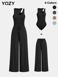 YOZY Asymmetrical Neck Ribbed Bodysuit & Wide Leg Pants Set, Casual Cut Out Bodysuit & Elastic Waist Trousers, Women's Holiday Wear for Summer & Autumn