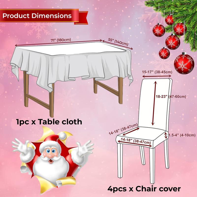 Product Introduction of Trimming Shop Christmas Chair Covers & Christmas Tablecloth Set Premium Polyester Table Cover Table Protector Stretch Removable Washable Short Dining Chair Slipcovers for Christmas Party Decoration 5