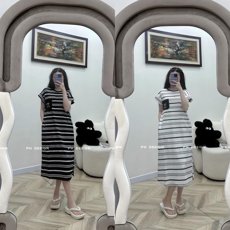 Váy suông bầu nữ cotton dáng dài mặc nhà và đi chơi có túi ngực dễ thương Nhung Women Dress Váy Ngủ váybầu