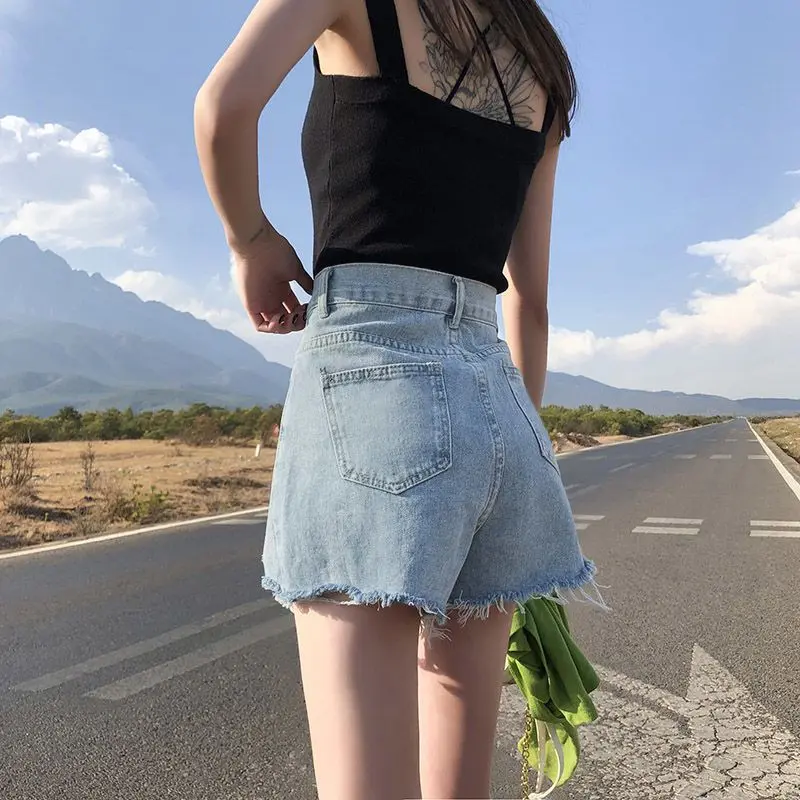 Quần Short Denim, Thiết Kế Độc Đáo, Cạp Cao, Ống Rộng, Dành Cho Nữ, Thích Hợp Cho Mùa Hè, Dáng Suông Rộng, Cạp Thấp, Viền Thô Ráp, Chữ A Mỏng, Quần Nóng Bỏng, Hợp Xu hướng, Hàng Mới Về