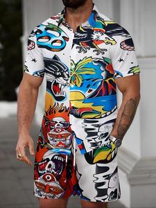 Two-Piece Set Men's All Over Print Short Sleeve Shirt & Drawstring Waist Shorts Set, Regular Fit Vintage Trendy Casual Comfy Breathable Button Front Collared Top & Pocket Shorts, Fashion Men's Summer Clothing