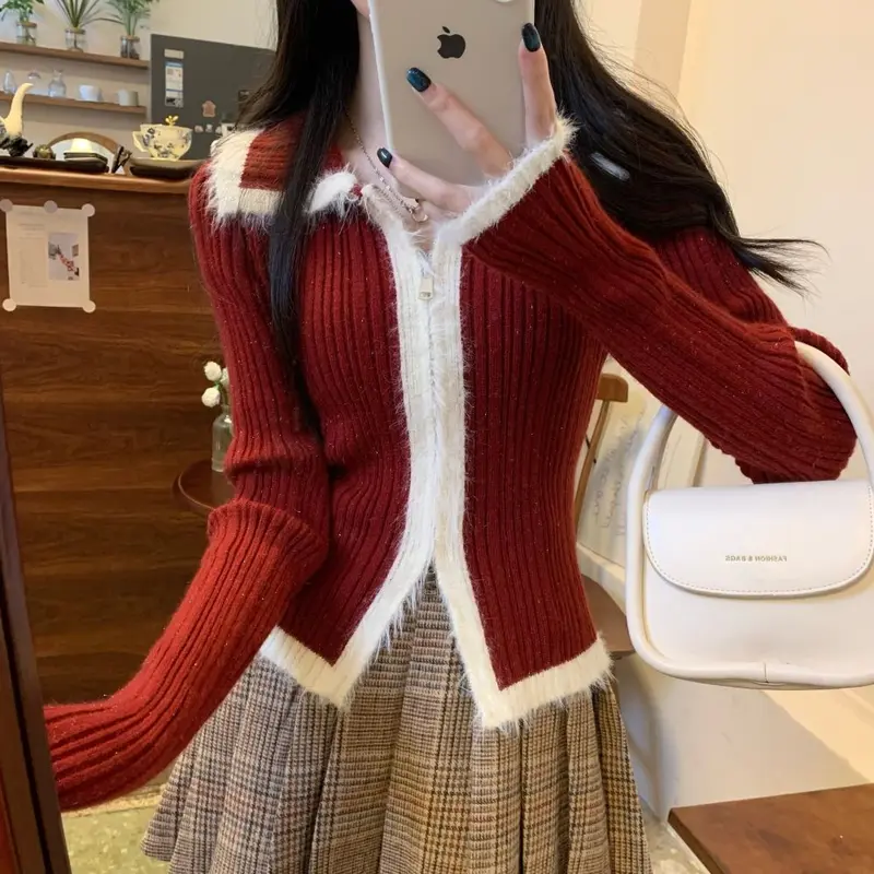 Áo Cardigan Dệt Kim Nhồi Bông Giáng Sinh, Màu Đỏ, Dành Cho Nữ, Thích Hợp Cho Mùa Thu Và Mùa Đông, Có Thể Mặc Bên Trong, Khóa Kéo Đôi, Áo Len, Áo Sơ Mi Lớp Cơ Bản Top Women 7