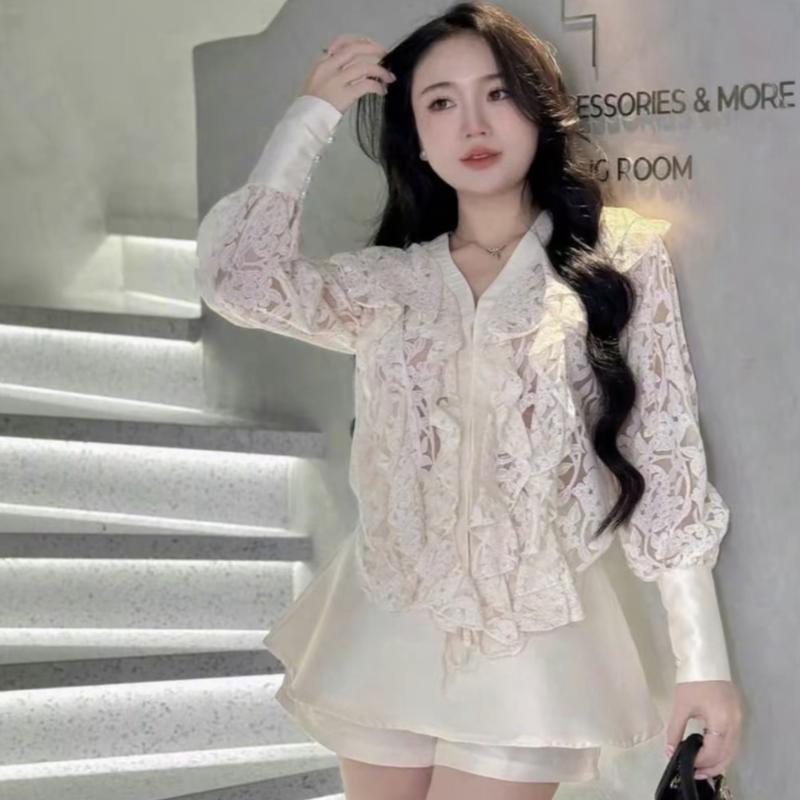 [Bèo Béo Bigsize ] Set Thời Trang Nữ Thiết Kế Áo Hoa Ren Cổ Tim Bèo Phân Chân Váy Taffta Form 60-90Kg