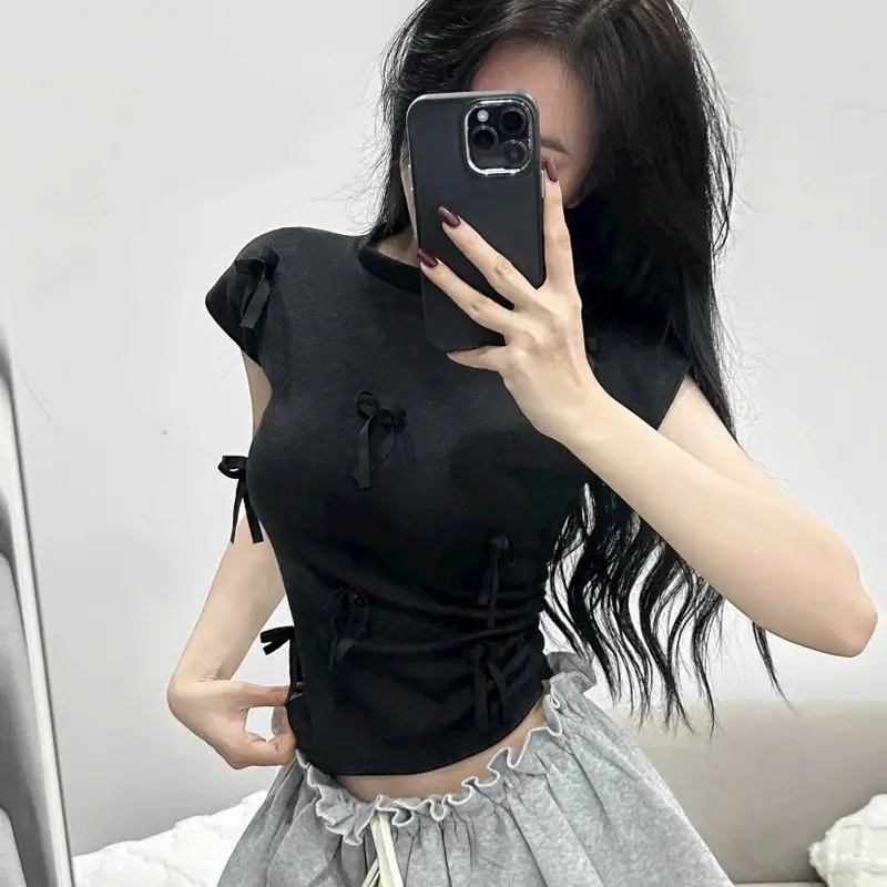 Áo thun nữ cổ cao tay hến đính nơ, bo chun hai bên eo - Women, Top 5