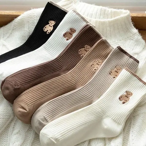 Túi 10 Đôi Tất Gấu Nâu Cao Cổ Phong Cách Hàn Quốc Cho Nữ Cotton Women
