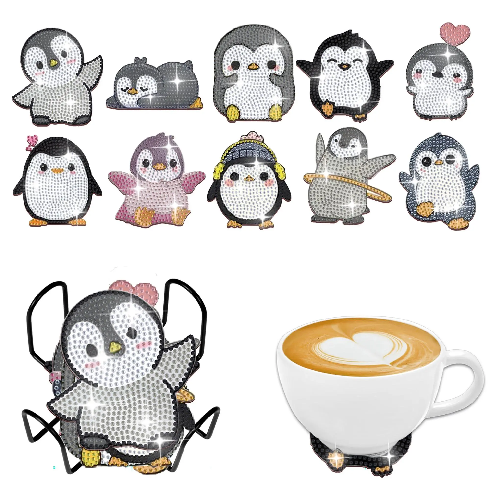Penguin Pattern Artificial Diamond Arts Painting Coaster, 10pcs/set DIY Rhinestone Decorative Coaster, DIY Crystal Diamond Painted Wooden Table Art Coaster