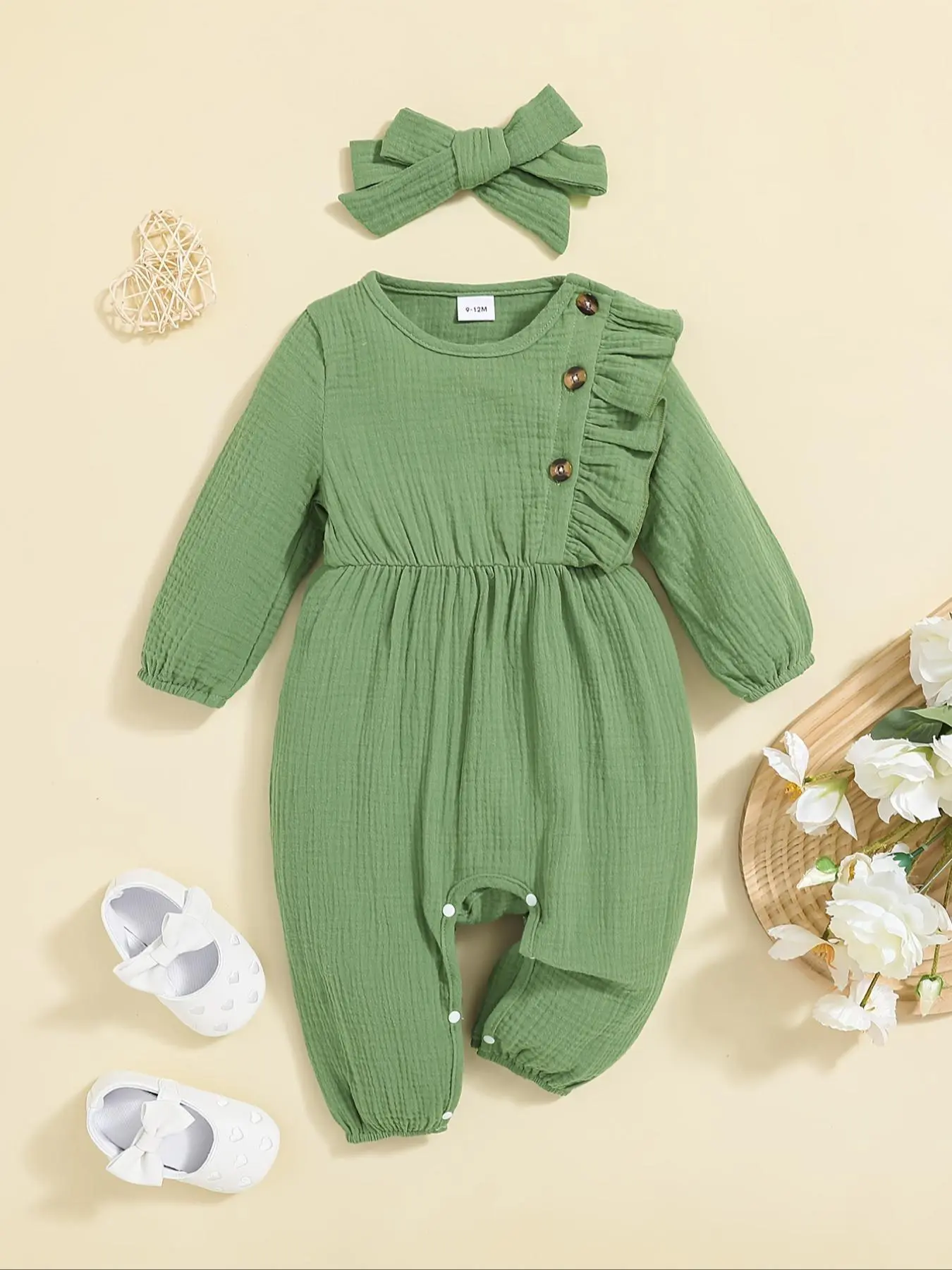 Baby's 2pcs Ruffle Trim Long Sleeve Button Front Jumpsuit & Bow Design Hair Band Set, Cute Soft Two-Piece Outfits for Baby Girls Daily Wear, Newborn Infant Kids Spring & Fall Clothes
