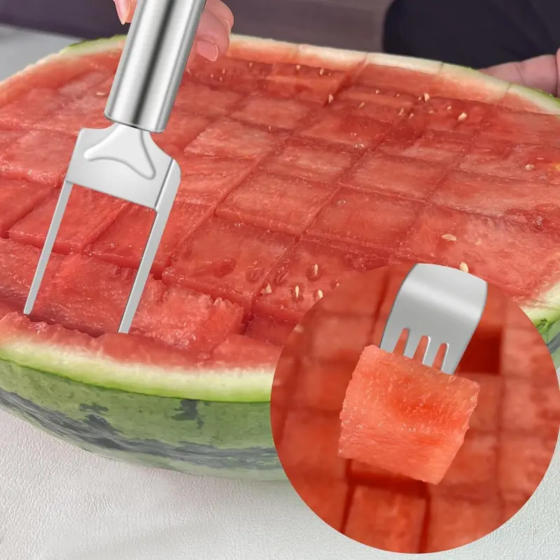 2 in 1 Watermelon Cutter & Fork, 2pcs/set Stainless Steel Fruit Cutter, Fruit & Vegetable Utensils for Home Kitchen, Fruit Knives 3