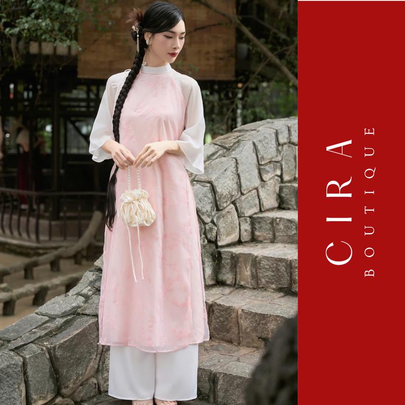 Cira Boutique Áo Dài Dáng Suông Cổ Lệch Thắt Nơ Sang Trọng Kèm Quần Ống Rộng AD1005
