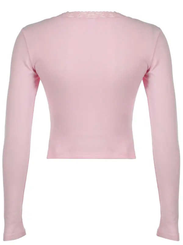 Women's Plain Contrast Lace Bow Decor Ruched Crop Tee, Sweet Square Neck Long Sleeve T-shirt for Daily Wear, Ladies Clothes for All Seasons 5