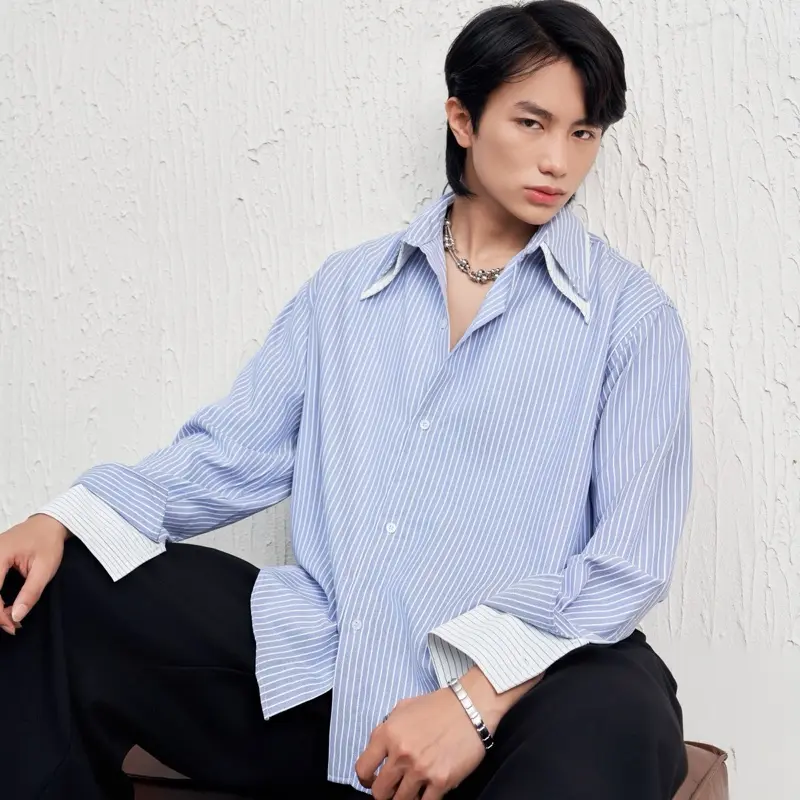 Áo sơ mi kẻ sọc Cổ Kép dài tay chất liệu Cotton lụa Form rộng HUGAN STORE HG11