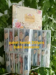 Paket Hemat 200pcs Souvenir Sendok Sumpit Kemasan Mika Motif Bonus Buku Tamu