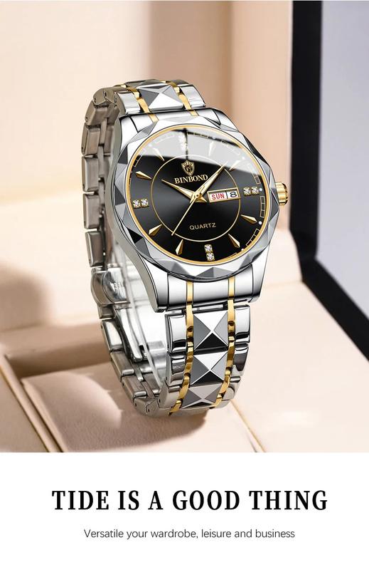 Product Introduction of BINBOND Luxury Men's Watch Waterproof Luminous Watches Stainless steel wristband with Automatic Date Week Clock Diamond Fashion Men's Watch Business Sports Quartz Watch Men's Gift 37