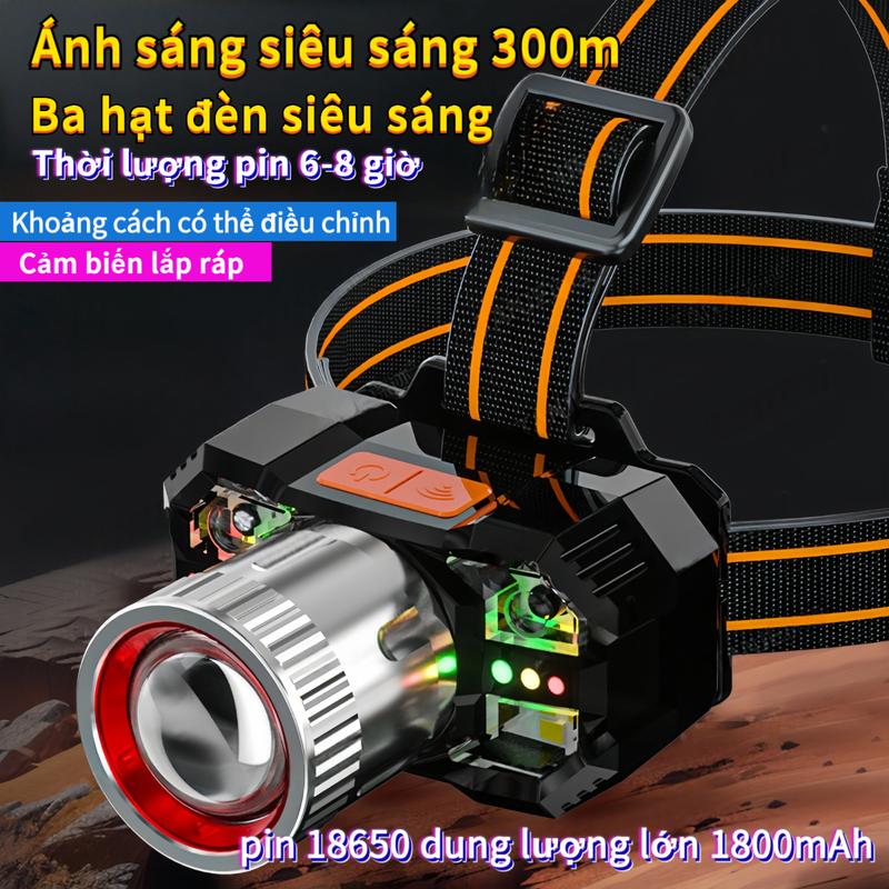 Đèn pin đội đầu siêu sáng, pin 18650 dung lượng lớn 1800mAh, ánh sáng siêu sáng 300-400 mét, điều chỉnh nguồn sáng xa gần, được trang bị đèn đỏ và xanh khẩn cấp, chống nước và sạc lại được, tiện lợi và thiết thực