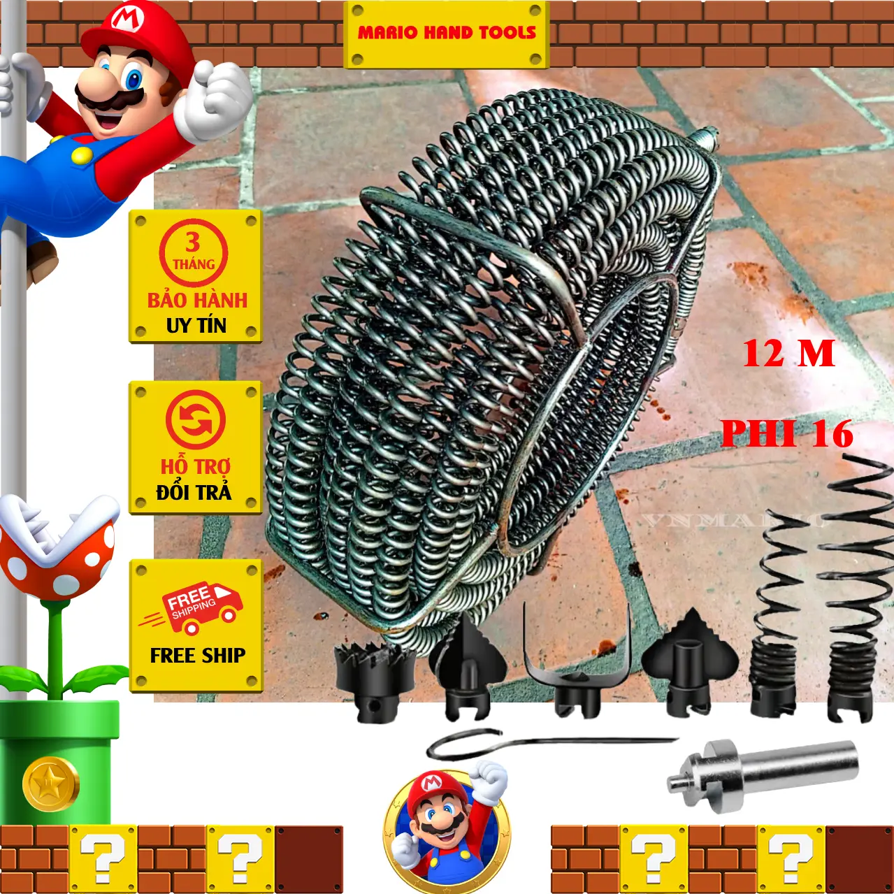 Dây thông cống phi 16mm dài 12m bằng thép Mangan, gồm 4 đoạn 3m cho máy khoan