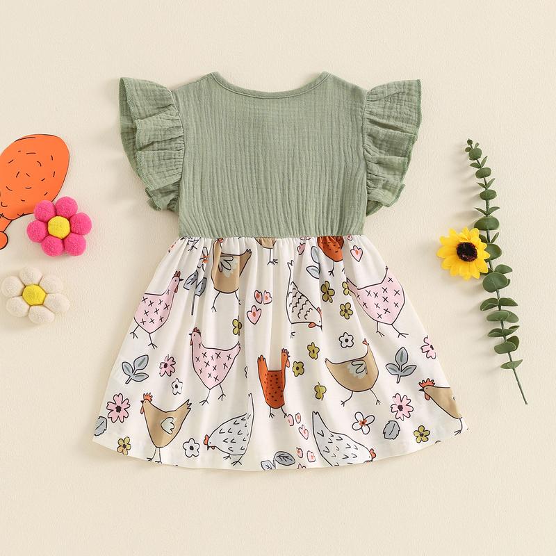 Product Introduction of Girls A-line Dress, Fly Sleeve Crew Neck Bow Chicken Print Casual Dress Summer Dress 41