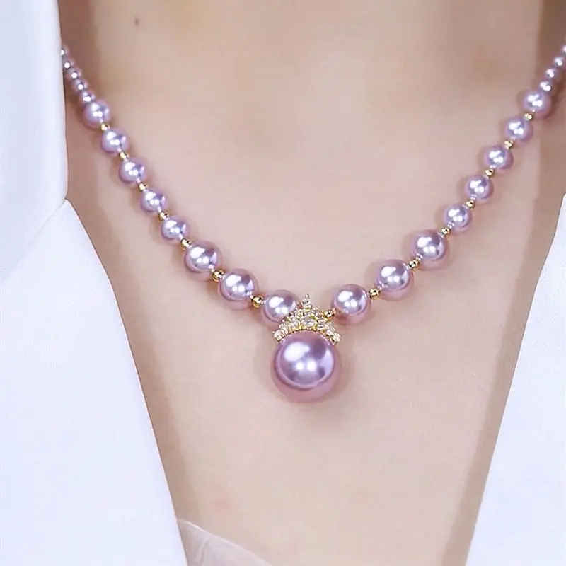 Vòng Cổ Ngọc Trai Tím, Chất Liệu Hợp Kim Đồng, Cao Cấp, Dễ Phối Đồ, Mặt Dây Chuyền Đính Đá Vàng, Vòng Cổ Ngọc Trai Vỏ Sò, Thanh Lịch, Dây Chuyền Xương Đòn
