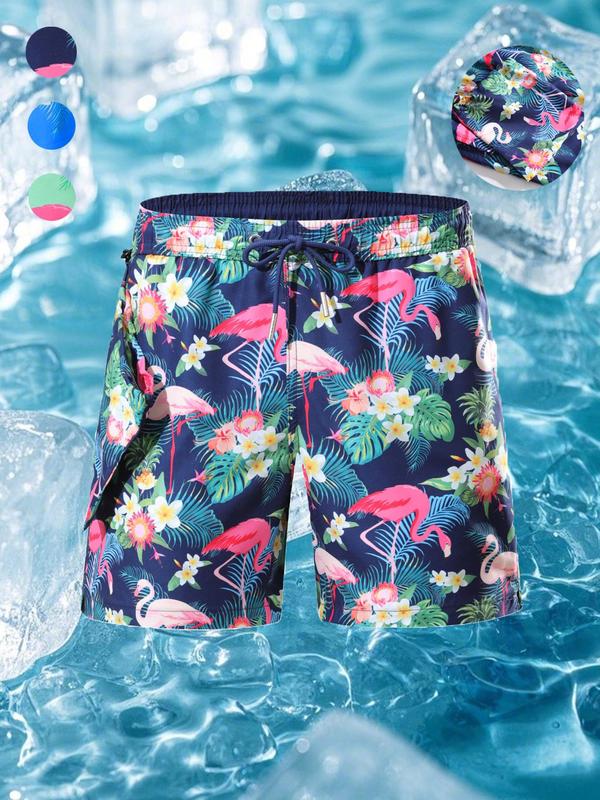 Men's Flamingo Print Swim Shorts, Casual Comfy Breathable Swim Shorts for Summer, Men's Swimwear Bottoms for Beach Swimming 0