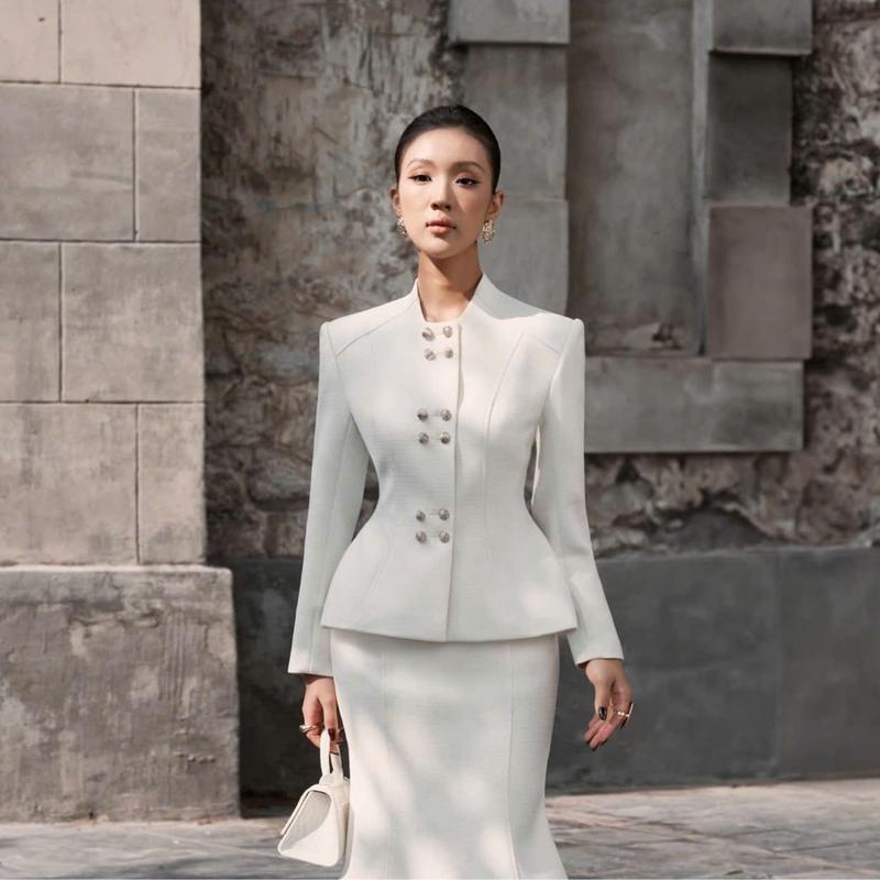 Sét Thiết Kế Hà Anh Áo Dạ Dài Tay Công Sở Phối Chân Váy Bút Chì H27 - Nữ - Women