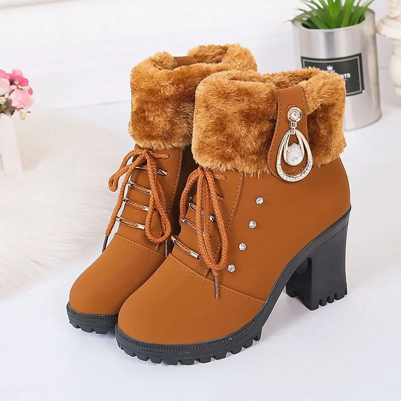 Bốt Nữ, Gót Khối, Phong Cách Anh Quốc, Bốt Ngắn, Gót Chunky, Bốt Đi Tuyết, Lót Lông Cừu, Thích Hợp Cho Mùa Thu Và Mùa Đông, Hàng Mới Về Năm 2024