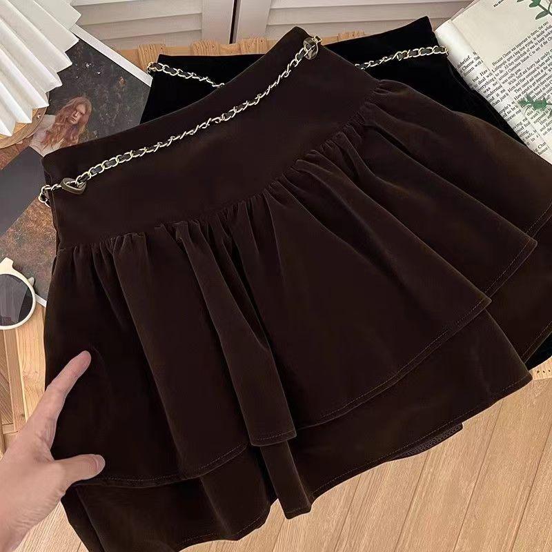 Product Introduction of Chân Váy Nhún Bèo Cạp Cao Nhung Vàng, Hàng Mới Về Mùa Thu Và Mùa Đông, Chân Váy Chữ A Chống Lộ, Có Thắt Lưng Dây Chuyền Xích Nữ Women 6