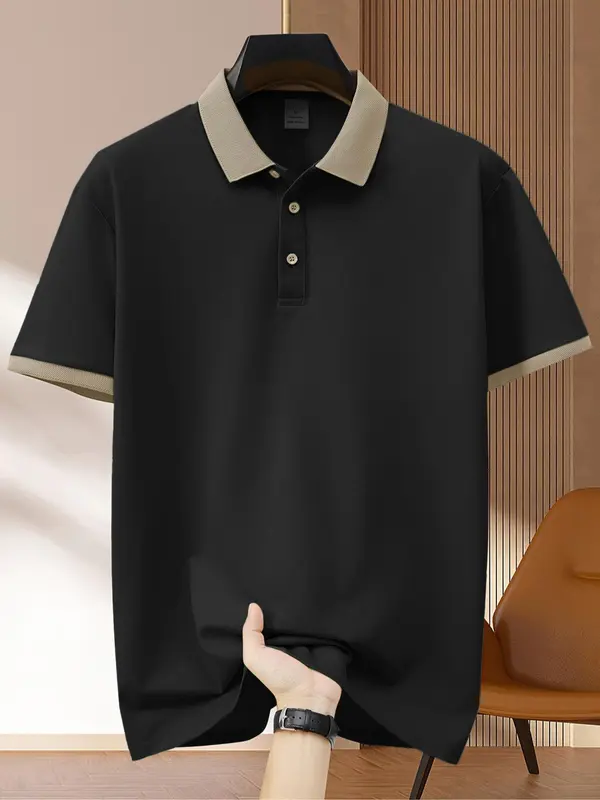 Men's Colorblock Short Sleeve Polo Shirt, Regular Fit Casual Contrast Trim Collared Top for Summer, Fashion Men's Clothes for Daily Wear 4