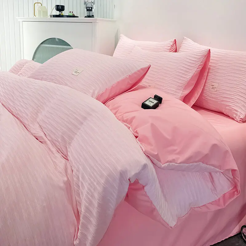 Pure Cotton ins style waffle bedding sets with quilt cover, pillow cover. flat bedsheet super single, Queen, King, super king size