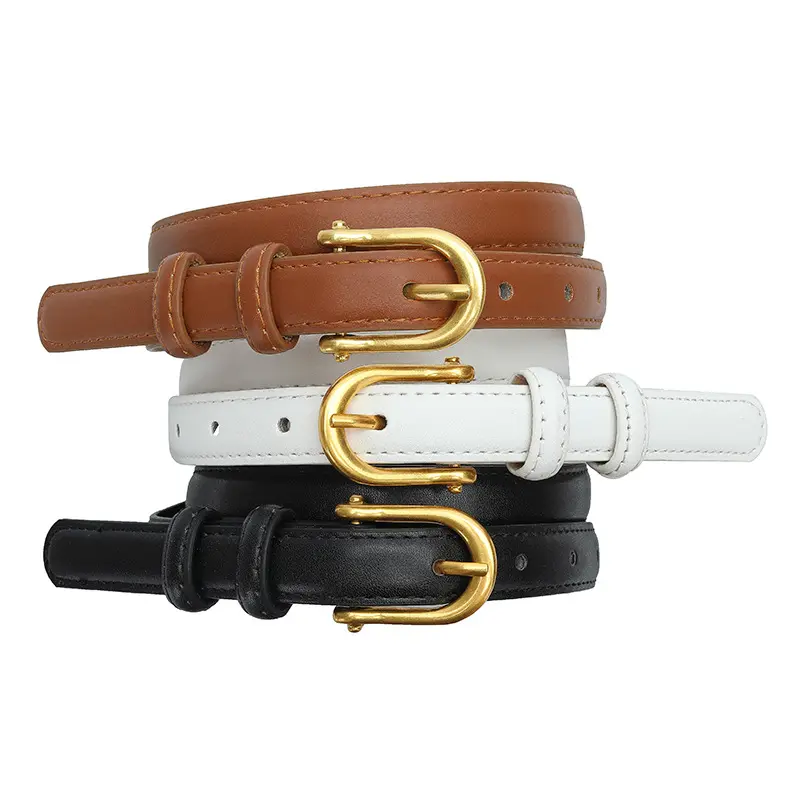 Korean Style New Thin Belt Women's Simple All-Match Pu Small Belt Women's Retro Gold Buckle Jeans Strap in Stock