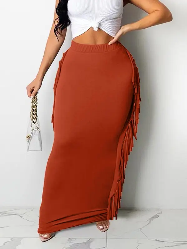 Women's Fringe Trim High Waist Pencil Skirt, Elegant Comfortable Fabric Solid Color Skirt for Party Evening Formal Occasions, Ladies Summer Clothing, Womenswear 3