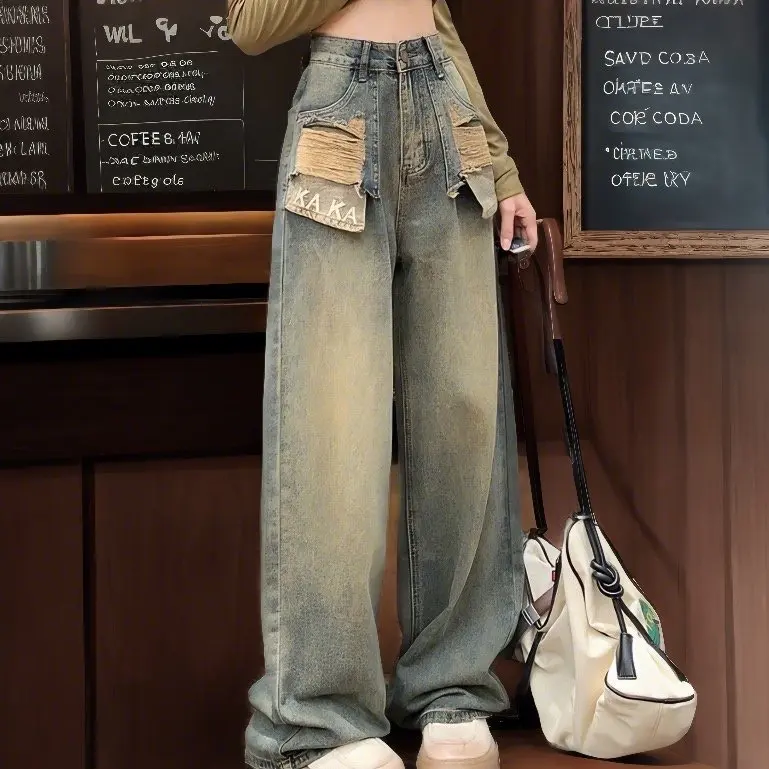 Quần suông phối chữ KAKA cáo xước túi cạp cao phong cách Pants Women Denim 2