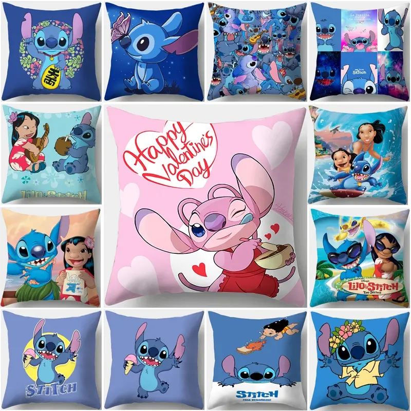 Cartoon Anime Lilo Stitch Pattern Single Sided Printing  Polyester Throw Pillow Cover Car Cusion Cover Home Decorative Pillowcase (No Pillow Core)