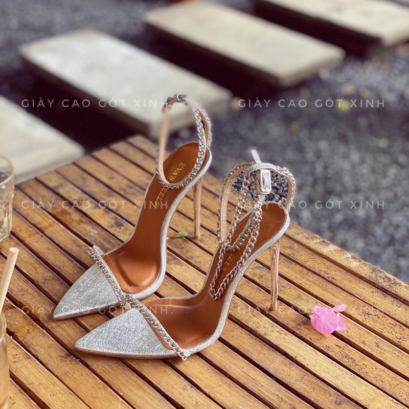 GÓT XINH - Giày cao gót nữ Sandal quoai ngang mảnh phối dây xích sang chảnh màu bạc cao 7phân đến 12phân đi làm, chơi Shoes (XC-T) DéP guốc Nhung Women hoa Đồng giày  sandal