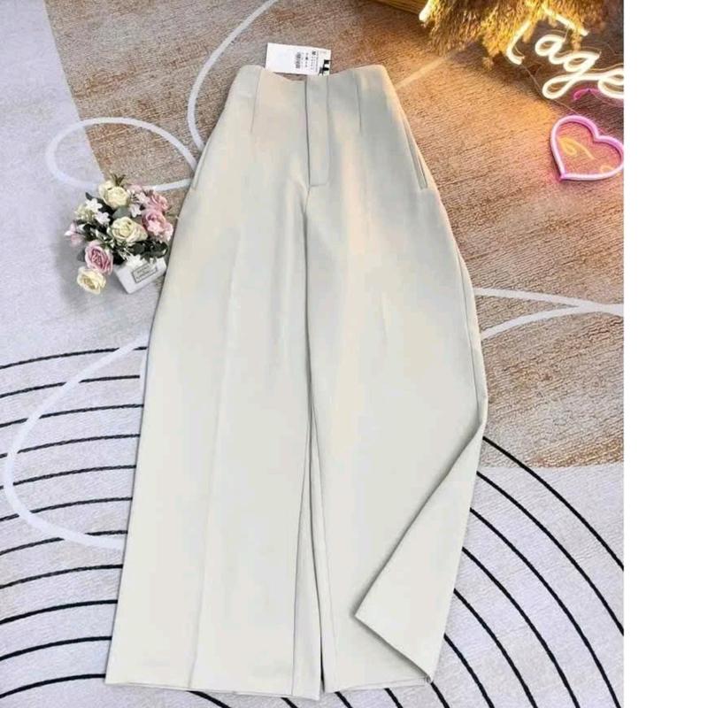 Quần tây ống rộng nữ cạp liền lưng cao có khoá kéo bên hông ( vải gold loại 1 mềm mịn sóng quần) dài trên 100cm Ong Nhung Women Kem 0