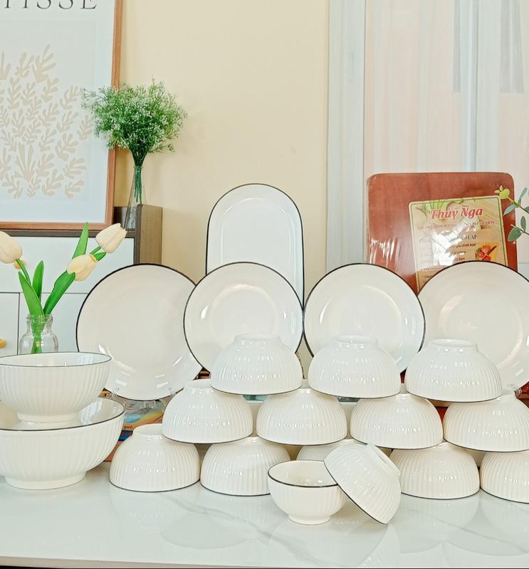 Bộ Bát Đĩa Trắng Kẻ Đen Cao Cấp - 22 Chi Tiết, Gốm Sứ, Kèm Thớt Gỗ