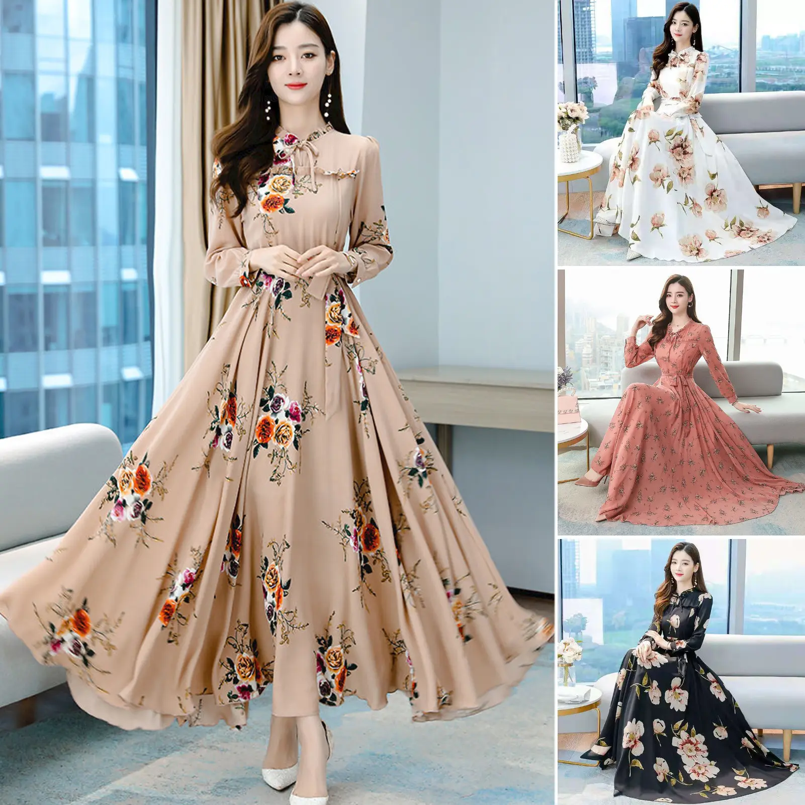 [DR] Women Maxi Dress Temperament Loose Hem Tight Waist Flower Print Lace Up Dress-up Long Sleeves A-line Banquet Dress Female Clothes