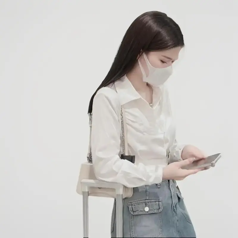 áo sơ mi croptop xếp ly eo tay dài sang trọng Trơn Nữ Women Trắng Shirt áo tơsen # áo cắt màu đen thường 3