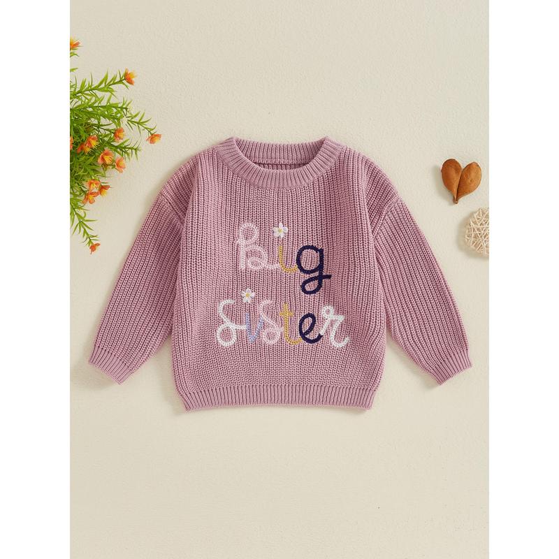 Product Introduction of Little Girl's Sweater Casual Letter Flower Embroidery Crew Neck Long Sleeve Pullover Tops for Fall Winter 36