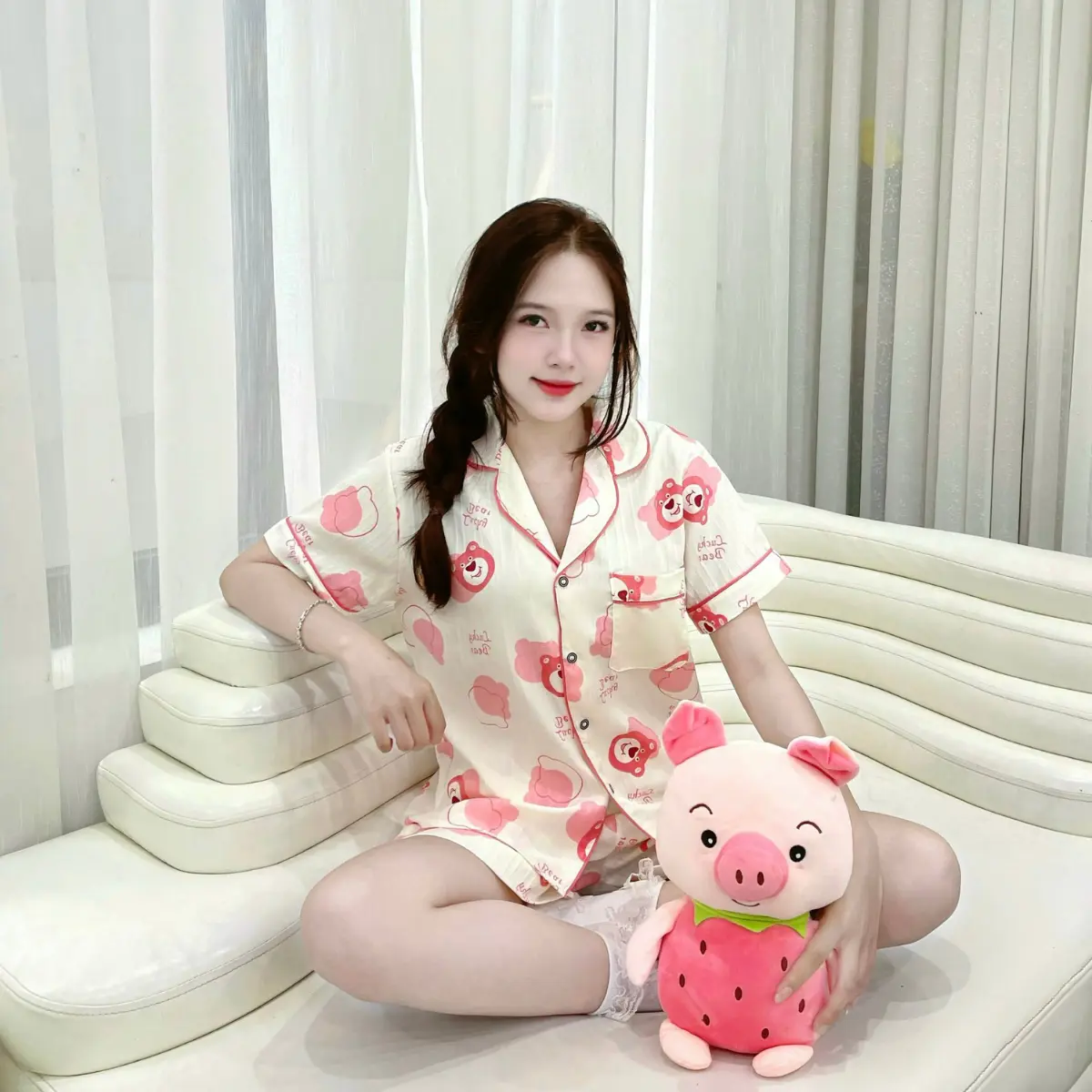Đồ bộ mặc nhà pyjama Nữ Quần Đùi Nhiều hình dễ thương chất vải Đũi gân mềm nhẹ