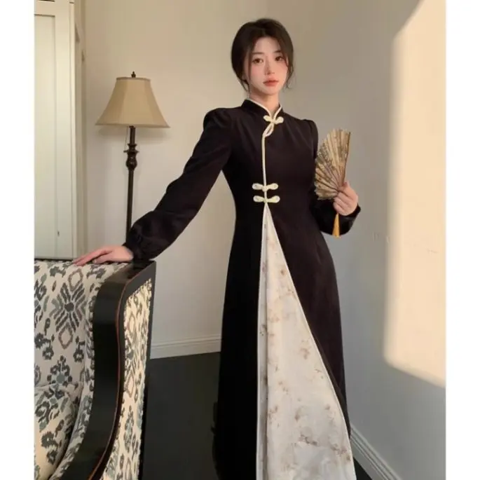 [Cod] Spring and Autumn New Chinese Style Retro Improved Cheongsam and Dress Women's Clothing plus Size Plump Girls Long Sleeve High Waist Dress