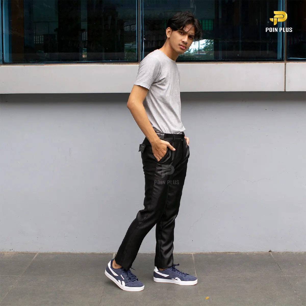 poinplus celana bahan mengkilat pria hitam | celana bahan impor poinplus slimfit tebal lembut  panjang  fit  formal  kerja Slim Kain Muda Kantor