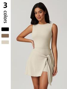 Women's Solid Backless Split Hem 2 IN 1 Sports Dress, Sporty Casual Tie Front Sleeveless Round Neck Short Dress for Tennis Yoga Gym Workout, Ladies Sportswear for All Seasons