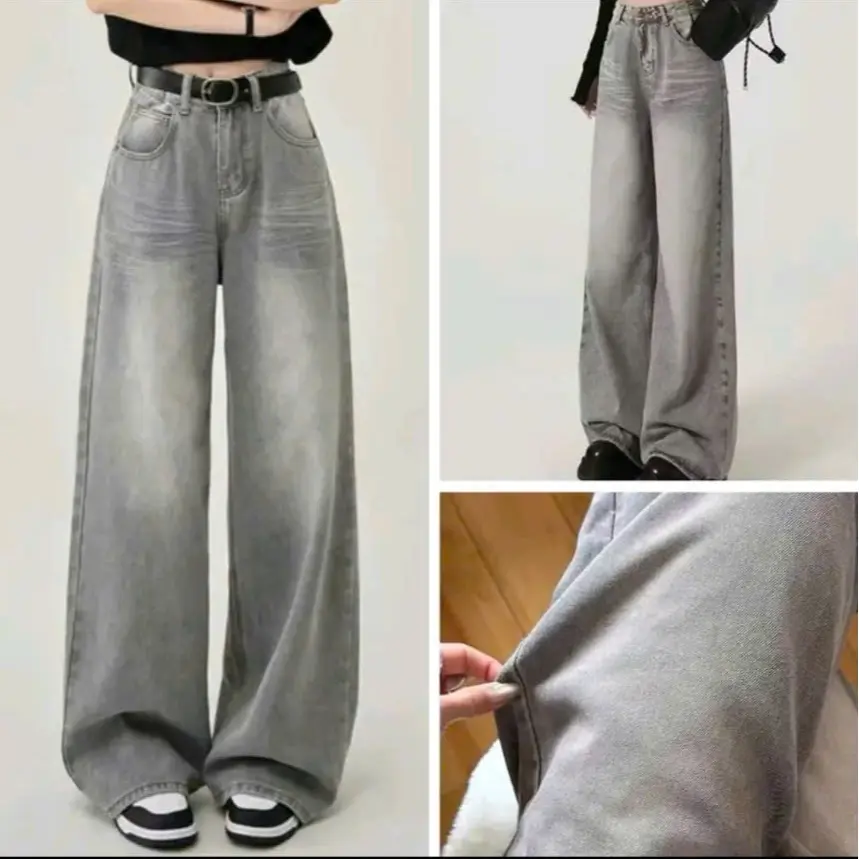 [ Size S - XXL ] M5723 Quần jean ống rộng màu xám trơn basic hottrend, Quần bò suông hack dáng Nữ Women Nữ Women Ong Pants Denim Có Túi