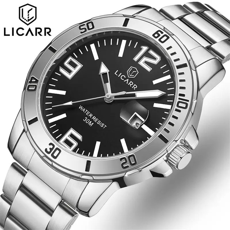 LICARR Jam Tangan Pria Fashion Kuarsa Stainless Steel Business Anti Air Santai Tanggal Jam Tangan Cowok Original Man Watch 9524