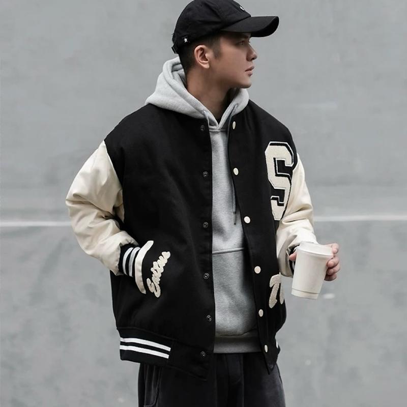 Áo Khoác Varsity Nam Chữ S Thêu Xù ATINO M.2.8927 Jacket Menswear Nhung Đen Dài Tay Tre áo bomber Navy Bi áo khoác