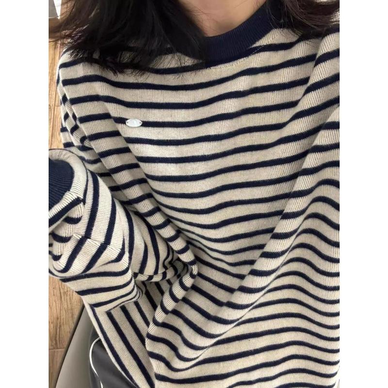 Áo Len Dệt Kim Phong Cách Lười Biếng Dáng Rộng Cổ Tròn, Áo Dài Tay, Hàng Mới Về Năm 2024