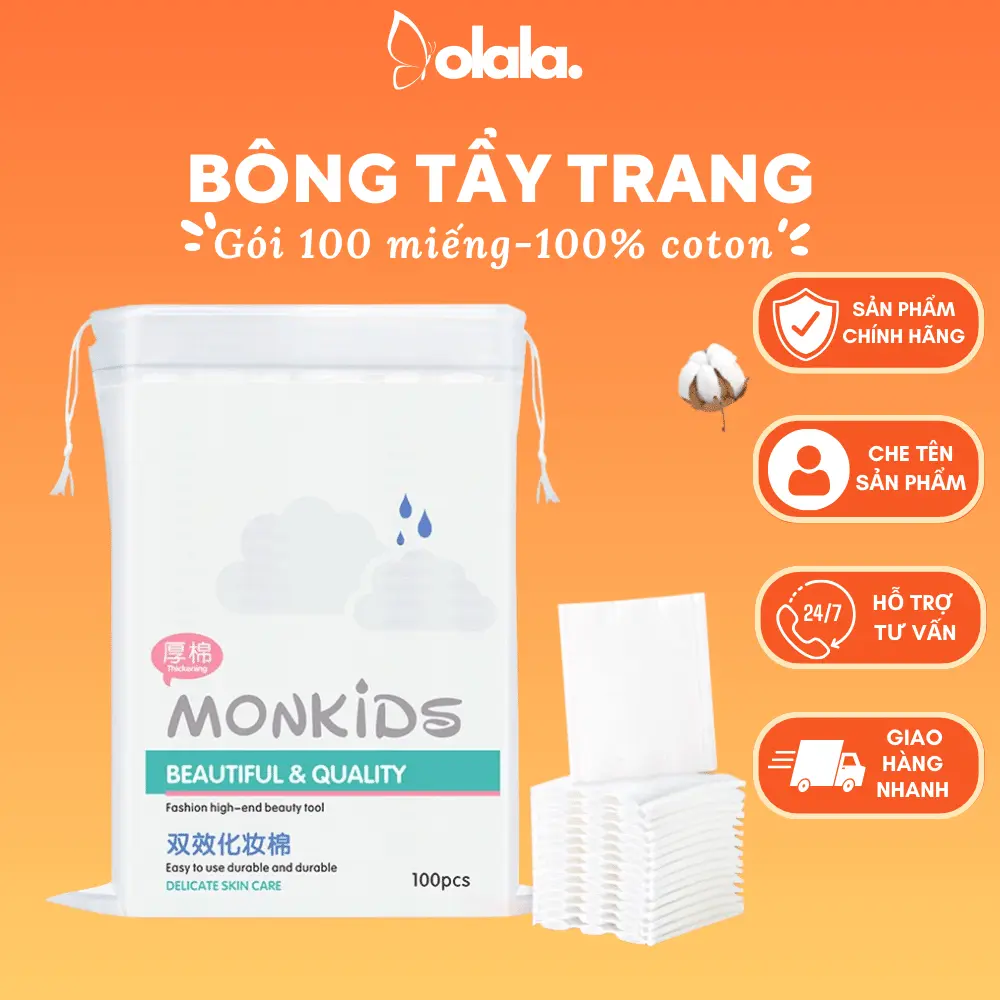Bông tẩy trang Monkids 100% COTTON 3 lớp 100 miếng
