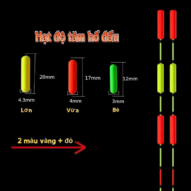 Hạt độ tăm phao bé thành phao tăm to dễ nhìn : Chất liệu Xốp sơn phản quang.  Màu sắc: Vàng, đỏ Phân loại: 4 loại hạt độ tăm  -  Đi Câu Câu Cá Bắt Cá Fishing 7