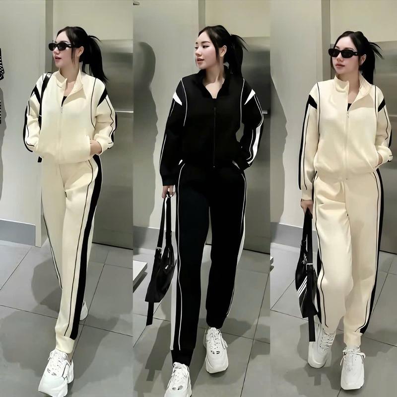 Set Bộ Đồ Quần Áo Nữ Thể Thao Chất Vải Umi Hàn Tay Dài Có Khoá Kéo - Đen/Trắng - Size M/L Top Cotton Women Chạy Bộ Sport Tập Thể Dục Tập Gym