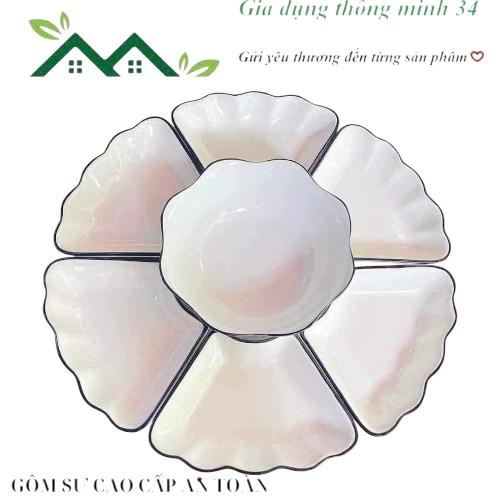  Bộ bát đĩa hoa mặt trời sứ trắng viền đen hàng đẹp dày dặn size đường kính 45cm  size vừa mâm cơm của người Việt ạ  