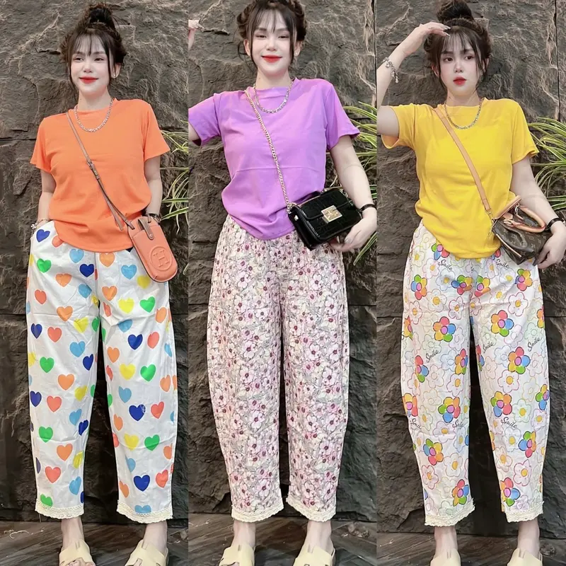 Sét Bộ Thun Áo Tay Ngắn Cổ Tròn In Hình Hoa Nhí Thun Co Giãn Kèm Quần Baggy Lụa Phoi Ren Lai,In Hoa Tiếc Hoa ,Phom 45-58kg,Mac Thoai Mai Nữ Women Bo Chun Nhung Voi Top Kem 1